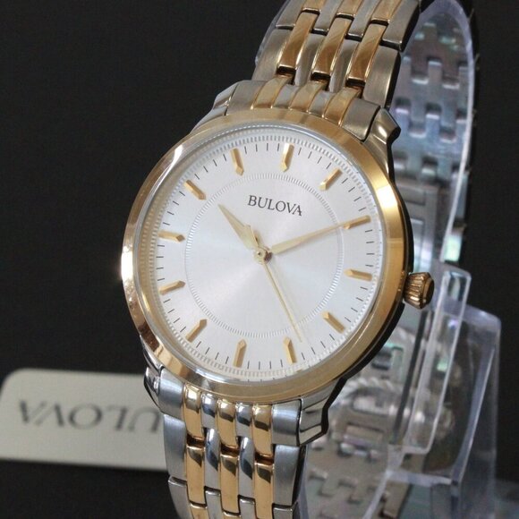 Bulova Ladies Classic Quartz Watch Two Tone Finish Raised Indices Bracelet 32mm